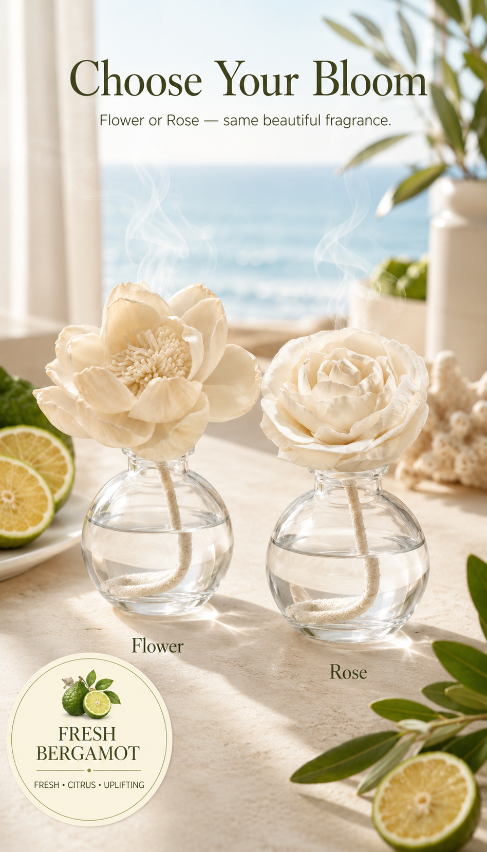 Fresh Bergamot Flower or Rose Diffuser – 3.4 fl oz (100 mL)