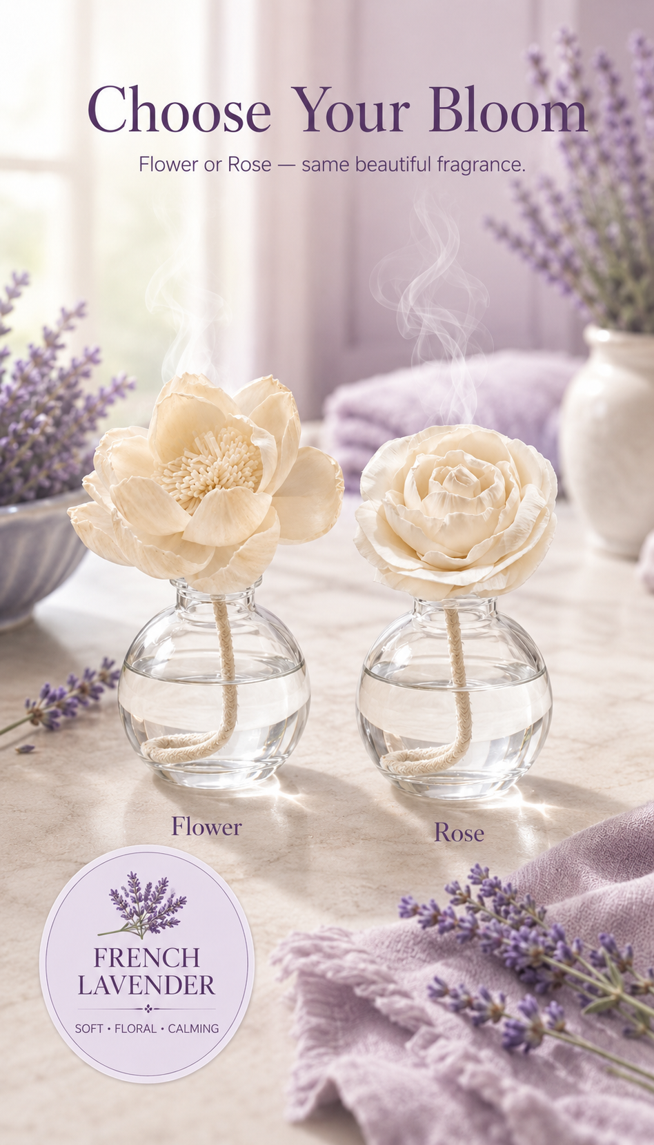 French Lavender Flower or Rose Diffuser – 3.4 fl oz (100 mL)